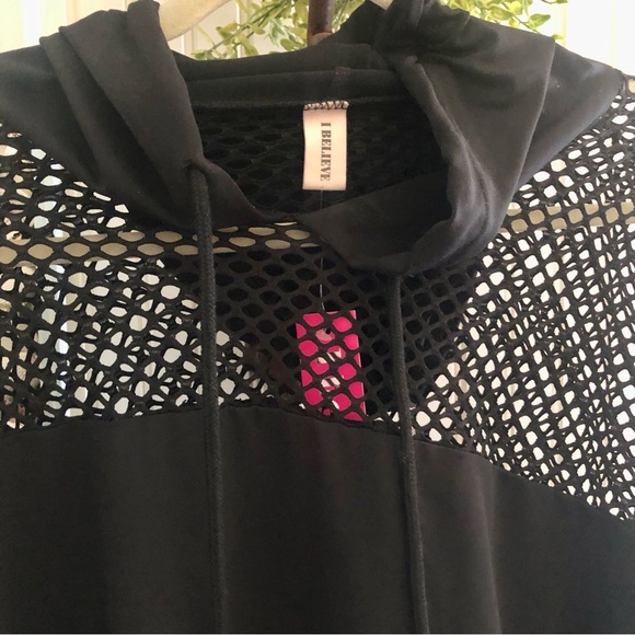 NWT! Black Fishnet Style Pullover Hoodie Beach Bathing Suit Top Plus 3X - Picture 2 of 8
